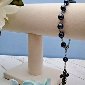 Religious Faith Rosary Style Dark Blue Gray Beaded Ornate Cross Charm‎ Bracelet